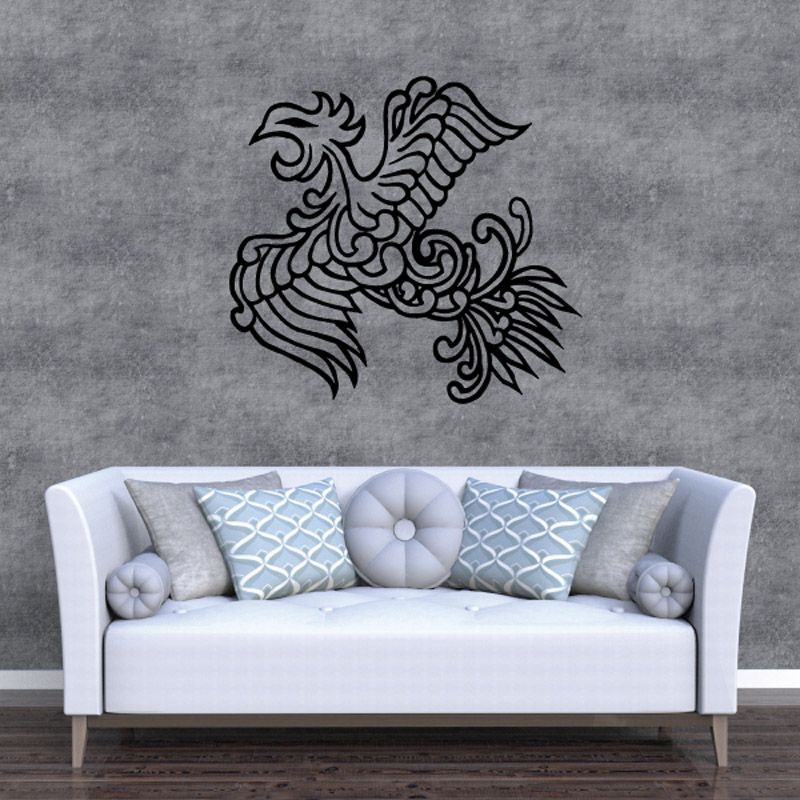 Black ornamental bird vinyl wall decal with winged design