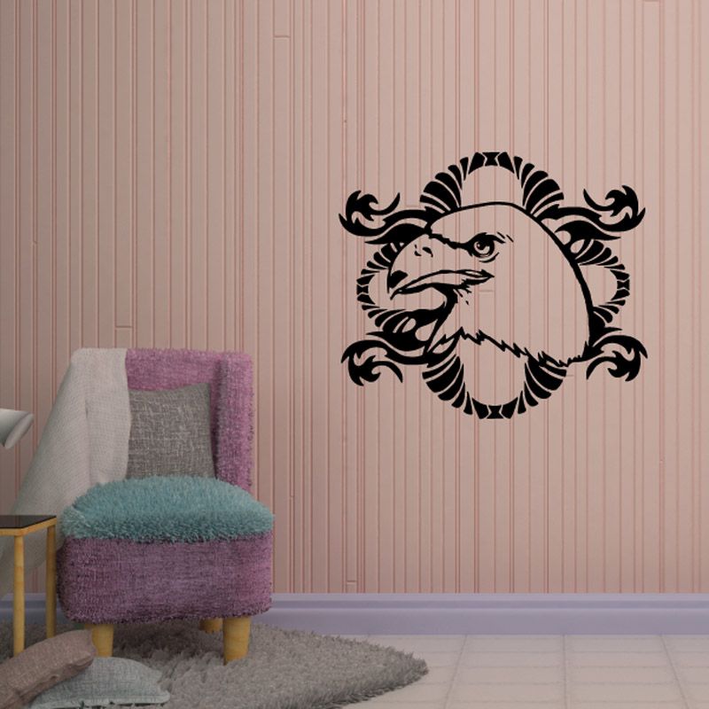Bird wall decal featuring a black and white stylized bird head with decorative frame