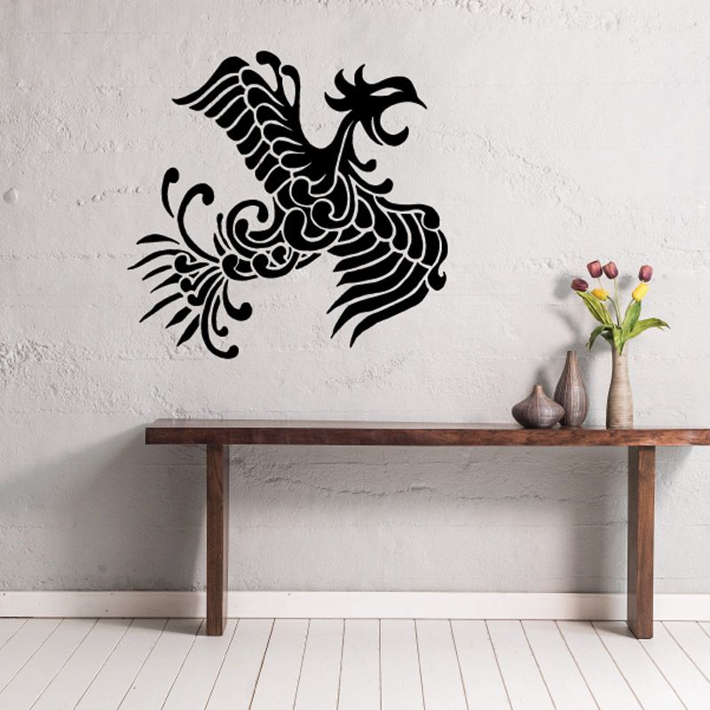 Black ornate bird vinyl wall decal with swirling feather details