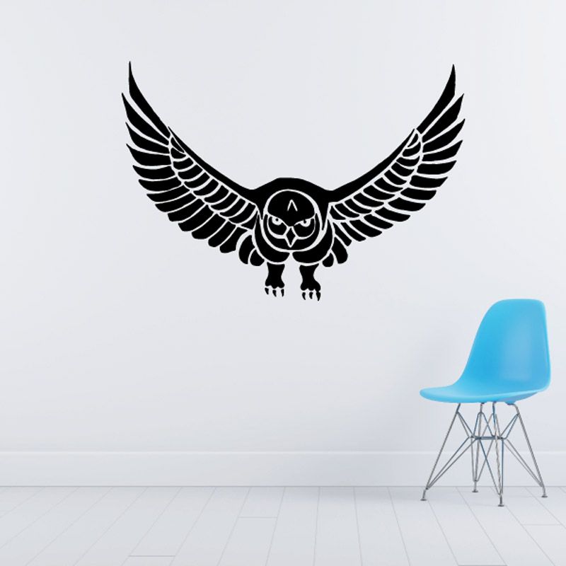 Black bird wall decal with owl wings spread, vinyl sticker design.