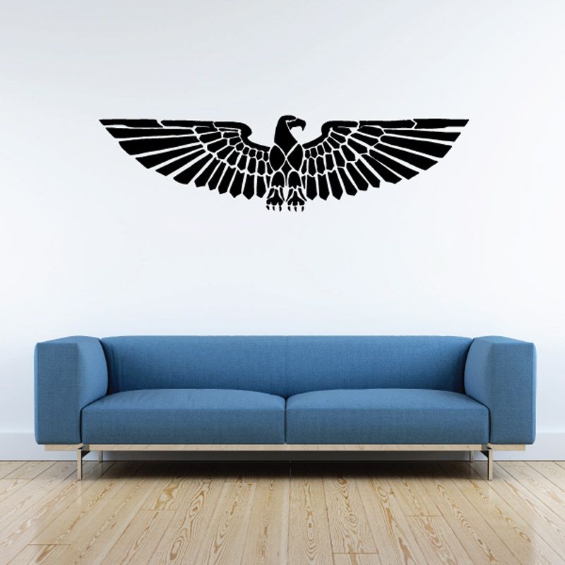 Black bird wall decal with spread wings and geometric line art