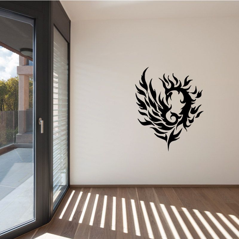 Black bird wall decal with phoenix-style flame wings