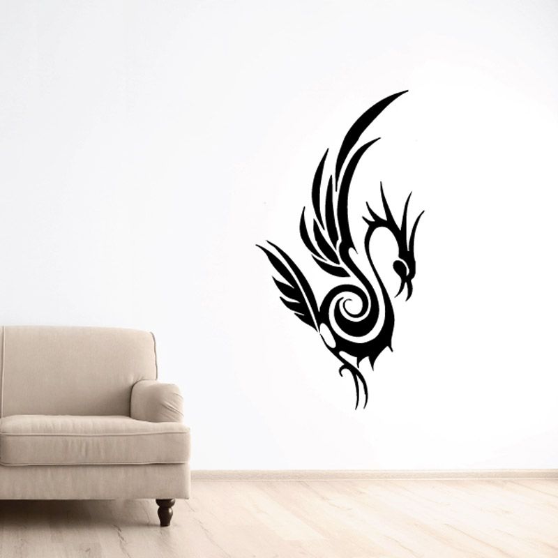 Bird wall decal, black stylized bird with swirling tail and curled feathers