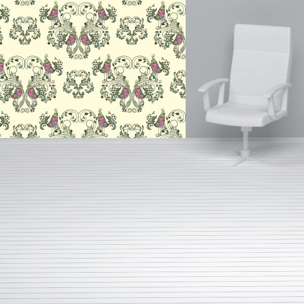 Minimalist white chair against a backdrop of bird and flower wallpaper
