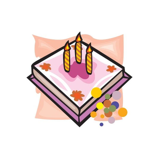 Birthday cake sticker with three lit candles on pink ribbon frame, colorful sprinkles