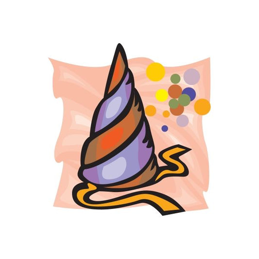 Birthday hat sticker with purple, orange and yellow party hat design