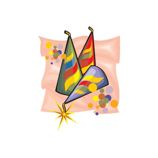 Birthday party hats sticker with three colorful cone hats and confetti dots