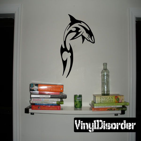 Leaping shark wall decal with sharp fin outline, black silhouette