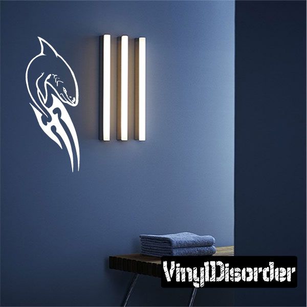 Shark fin blade decal, white outline with stylized shark face and tail