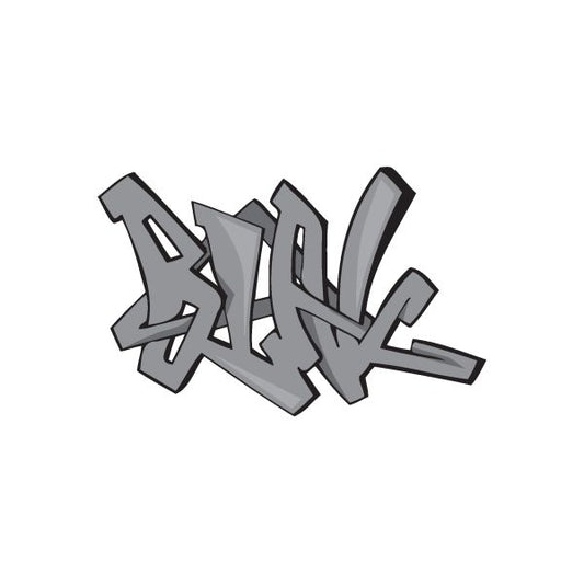 Blak graffiti sticker, dark gray bold script with light highlights