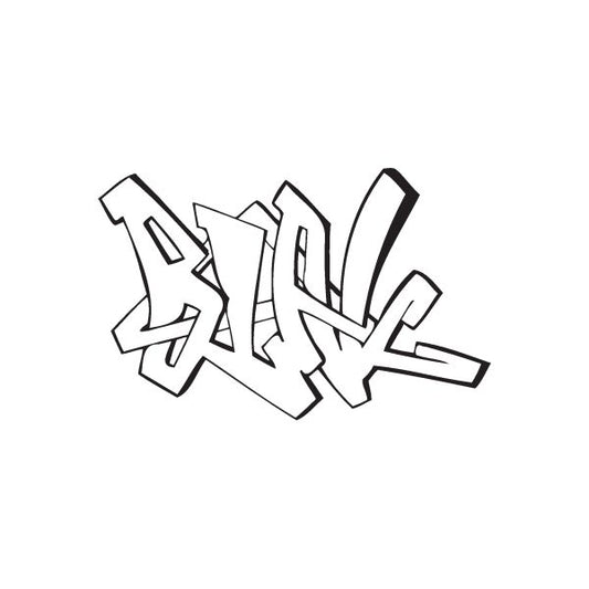 Graffiti decal sticker with black outline and white fill, stylized tag lettering