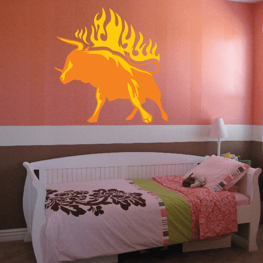 Flaming bull wall sticker, orange bull with yellow flames