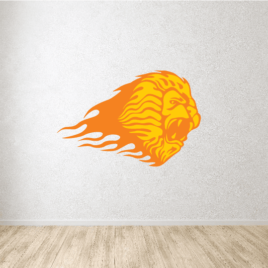 Orange lion head sticker with stylized flame lines
