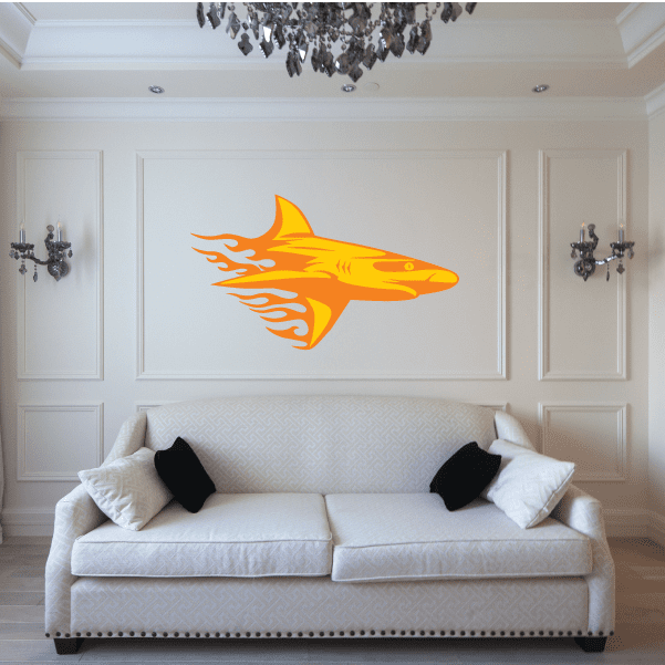 Orange and yellow blazing shark wall sticker with flame-like fins and tail.