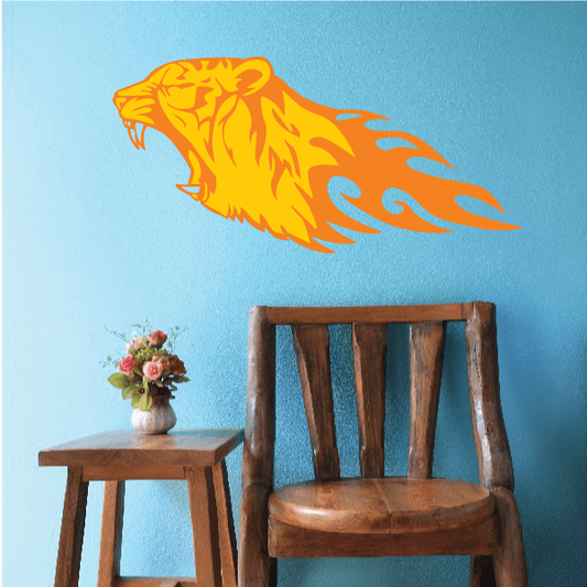 Tiger head sticker with blazing orange and yellow flames, fierce snarling face