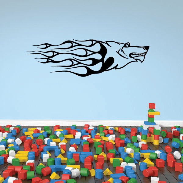 Wolf head decal with flame-style flames, black and light blue graphic