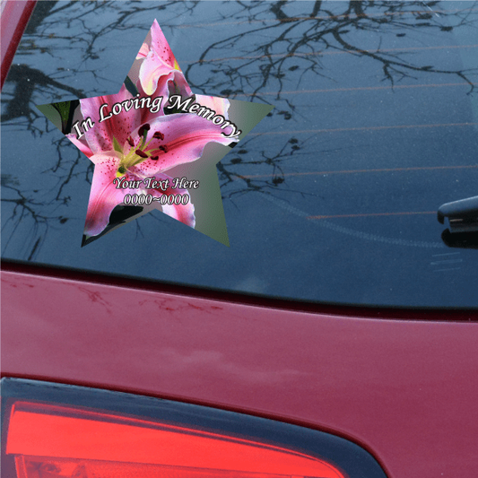 Memorial sticker with pink flower star and 'In Loving Memory' text, 'Your Text Here'.