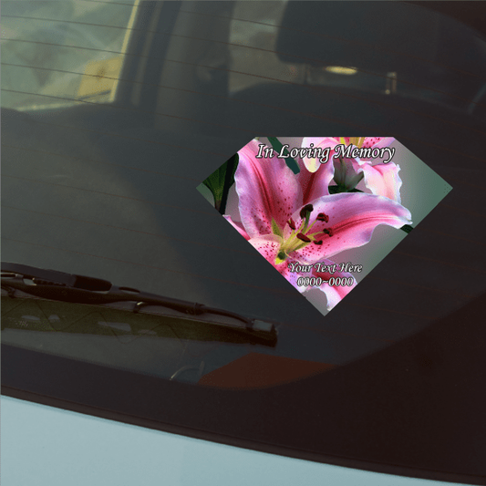 Memorial flower custom sticker, diamond with pink blooms and 'In Loving Memory' text