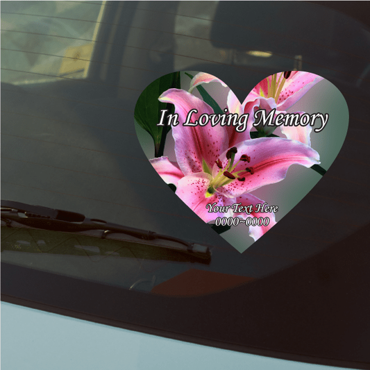 Heart-shaped custom sticker with pink lily and 'In Loving Memory' text