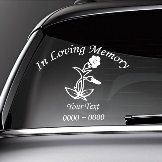 Car memorial decal: white “In Loving Memory” text, flower outline, “Your Text” fields