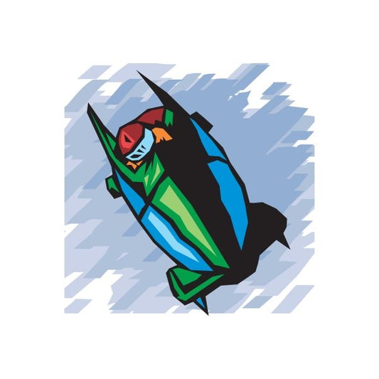Blue and green bobsled sticker with stylized racer in black and red