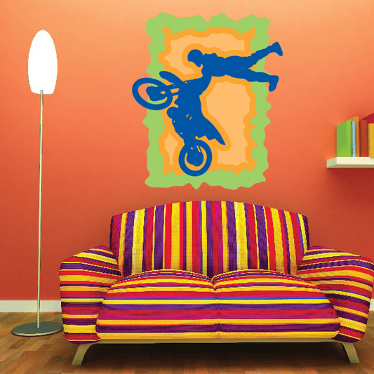 Blue and green dirt bike wall sticker with yellow bike outline and orange flames
