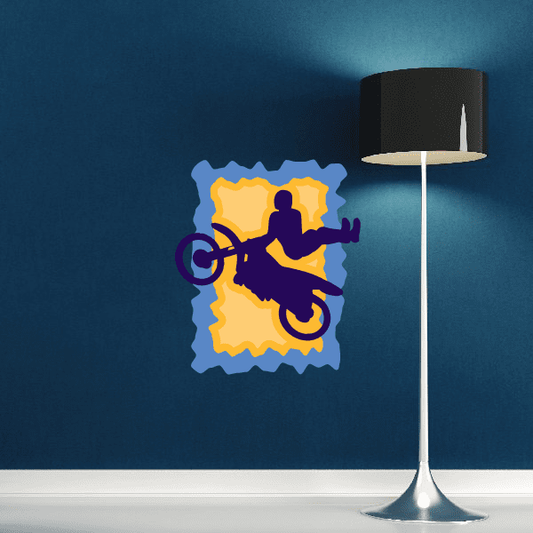 Dirt bike rider sticker in yellow and purple with blue border
