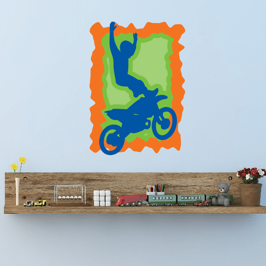 Blue dirt bike sticker with green graphic and orange wavy border.