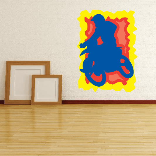 Dirt bike sticker with blue bike silhouette, red details, and yellow border