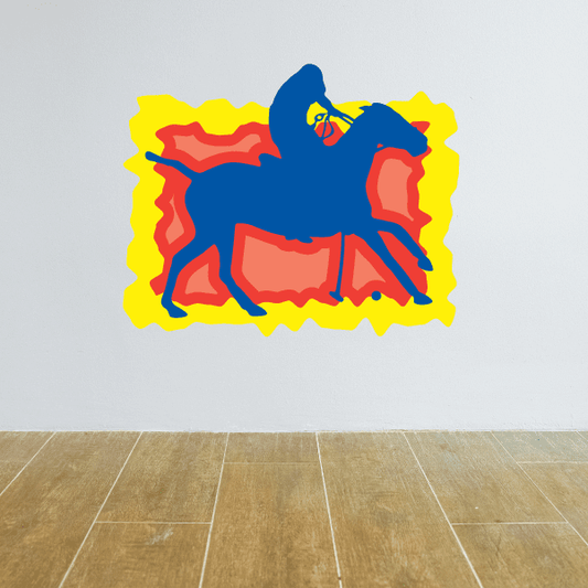 Polo pony sticker with blue pony and yellow wavy border