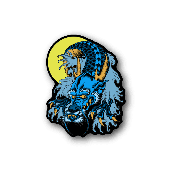 Blue Chinese dragon vinyl sticker with detailed face and yellow crescent circle
