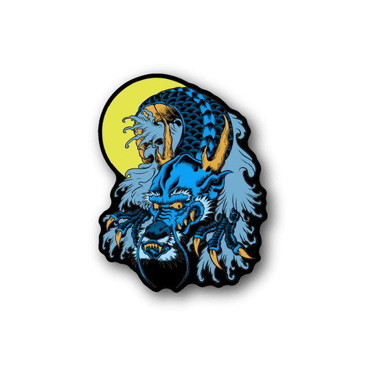 Blue Chinese dragon vinyl sticker with detailed face and yellow crescent circle