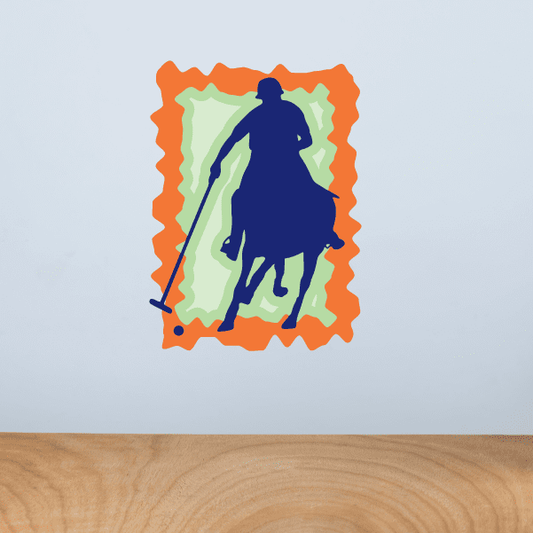 Orange-bordered blue horse sticker with green saddle background