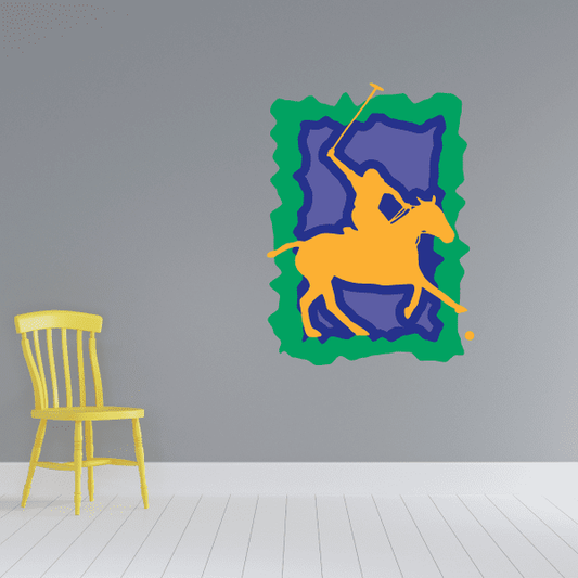 Colorful abstract polo sticker with blue, green, and orange shapes