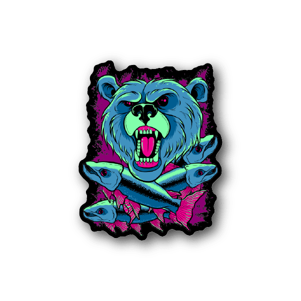 Blue grizzly bear vinyl sticker with open-mouthed bear and claws, neon colors