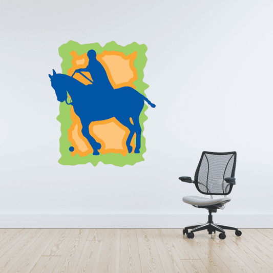 Colorful rider sticker with blue, orange, and green design