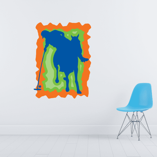 Square colorful sticker with blue central animal and orange, green, yellow accents