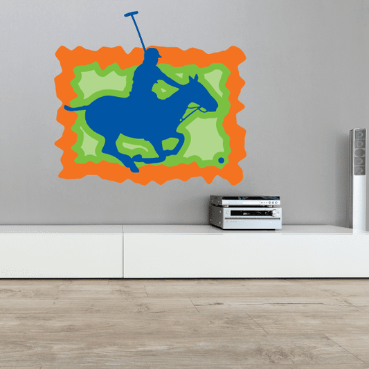 Blue Polo pony sticker, blue pony in green highlights inside orange border