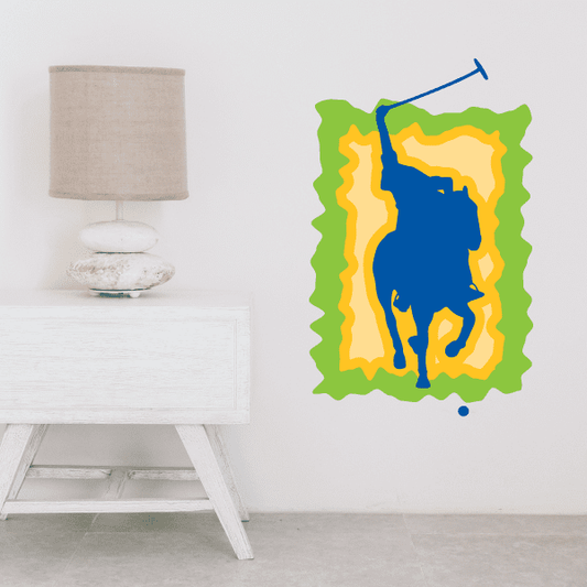 Blue polo rider sticker with jagged green border and blue rider silhouette