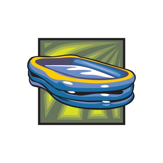 Blue raft sticker with wavy oval raft graphic in blue and yellow