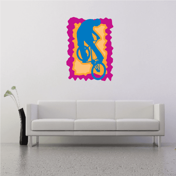 BMX nollie sticker with colorful bike graphic on purple wavy border