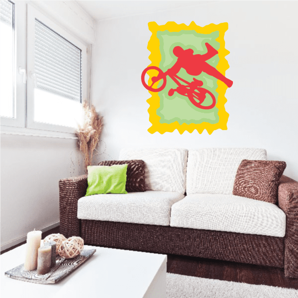 BMX one-hand bike sticker, red bike graphic on green, with yellow scalloped border