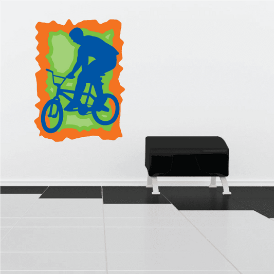 BMX one-hander trick decal, blue BMX bike graphic with orange border