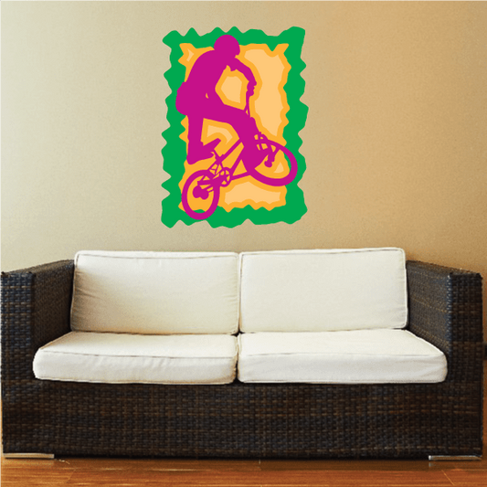 BMX bike tailwhip sticker with colorful cartoon rider and bicycle graphic