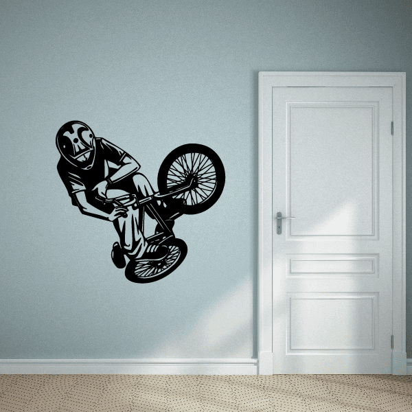 BMX bike wall decal vinyl, black rider figure with front wheel and handlebar