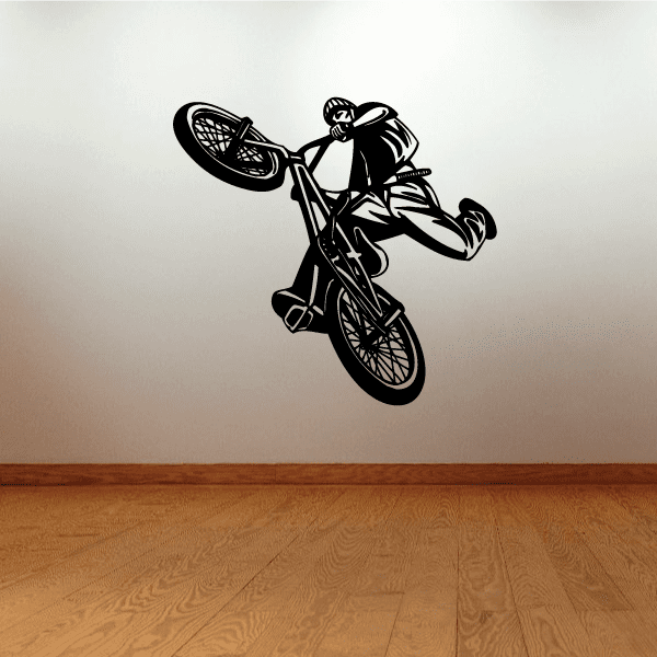 Black BMX bike wall decal of a rider mid-jump