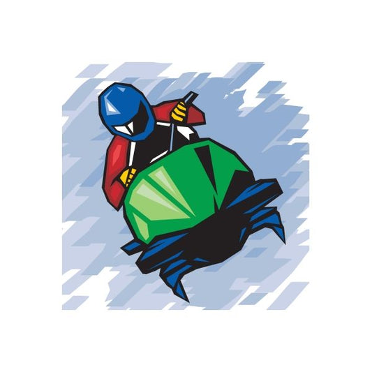 Bobsled driver sticker with green sled and blue helmeted driver, red accents