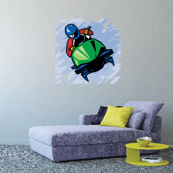Colorful bobsled driver sticker with blue helmet, holding a wheel, on white burst