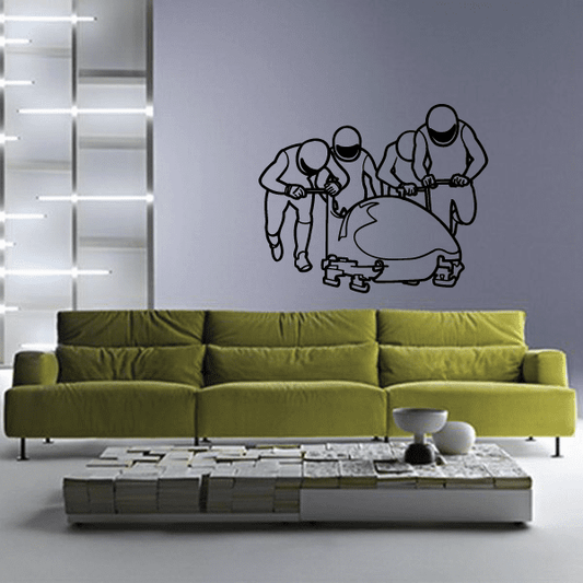 Bobsled team wall decal with outlined sled and four athletes
