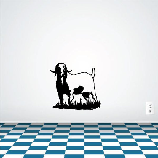 Goat watching wall decal with black silhouette of goat standing beside kid on grass